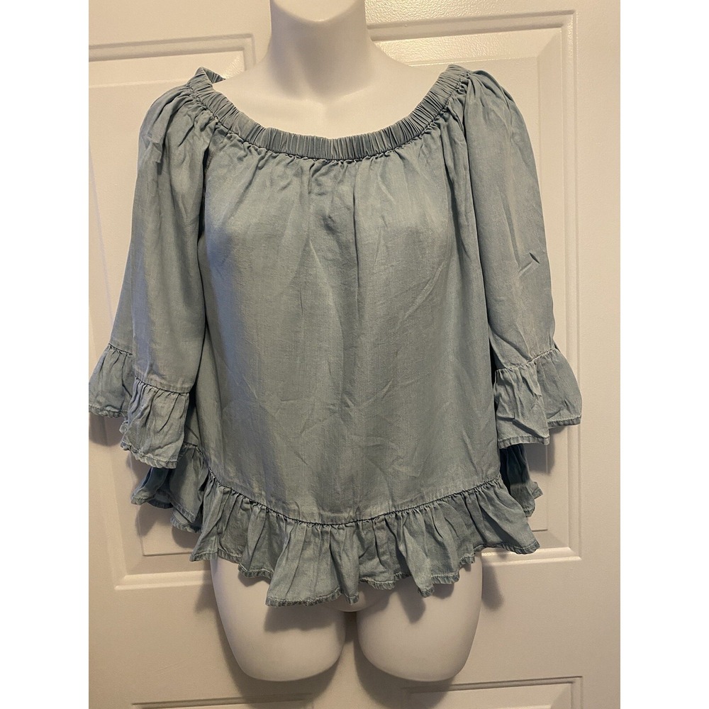 Jane & Delancey Chambray Ruffle Off Shoulder‎ Top Shirt Peasant S Small Denim